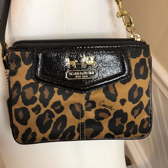 Coach Handbags - COACH Black Patent Leather Ocelot Pattern Wristlet